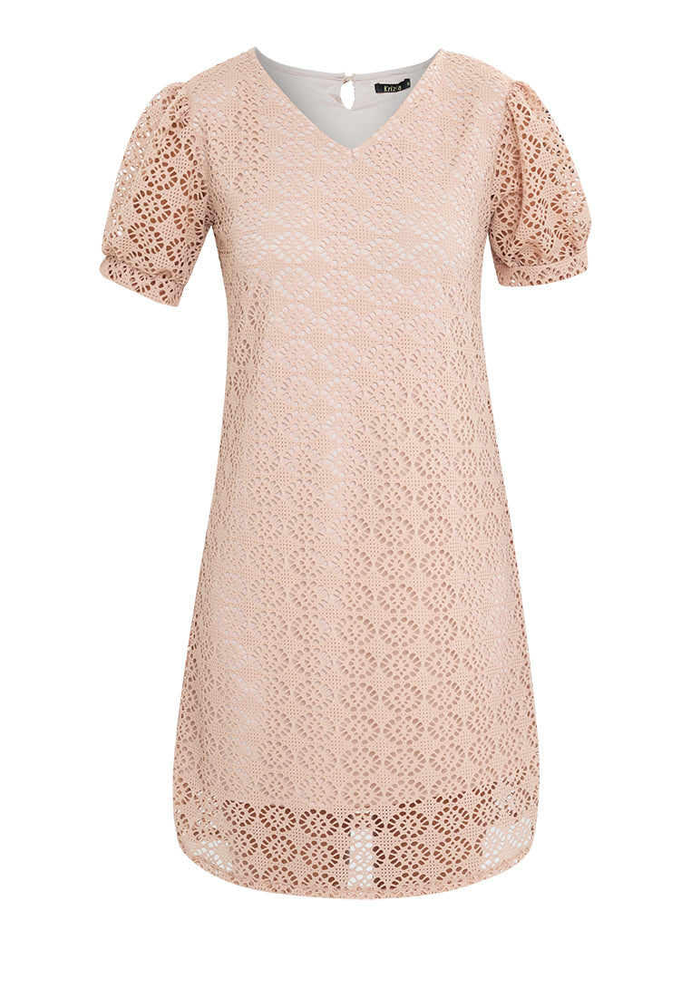 Puff Sleeve V-neck Lace Dress