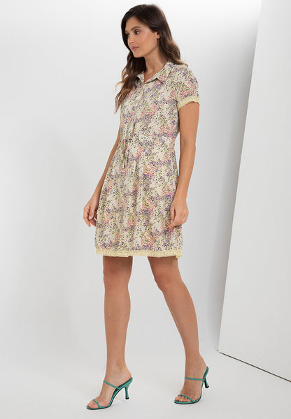 Printed Collar Button Down Adjustable Drawstring Shirt Dress With Trimmings Korean Style