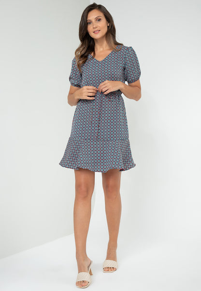 Krizia Printed Puff Sleeves Flounce Hem Dress