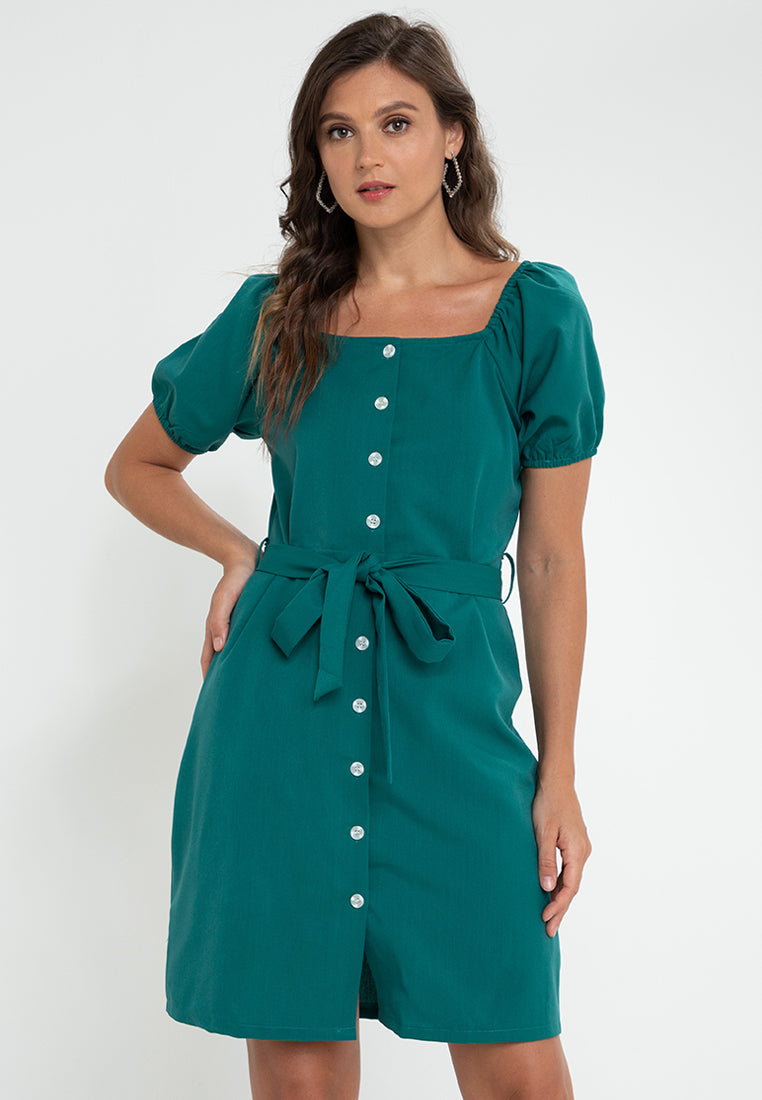 Krizia Square Neck Button Front Puff Sleeves Dress