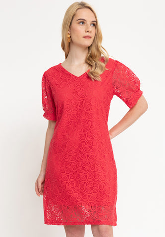 Krizia Puff Sleeve V-Neck Lace Dress