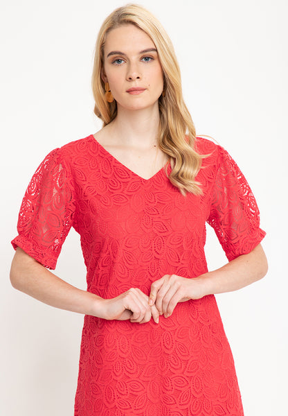 Krizia Puff Sleeve V-Neck Lace Dress