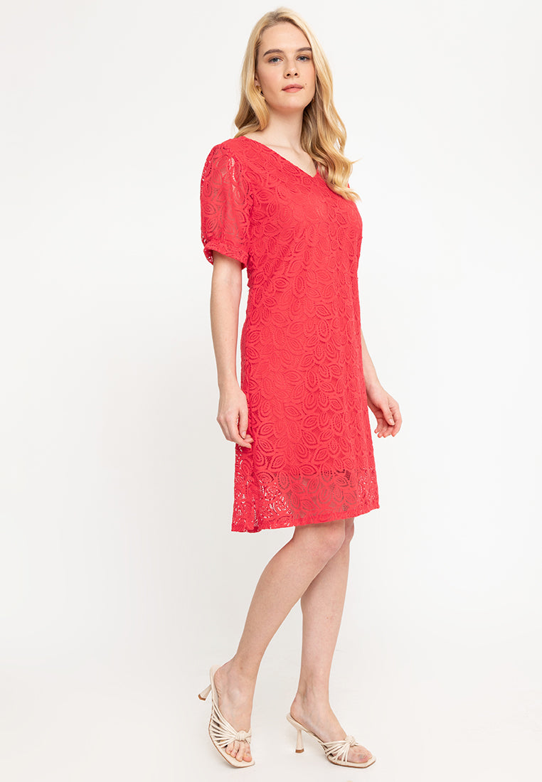 Krizia Puff Sleeve V-Neck Lace Dress