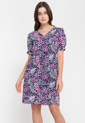 Krizia V-Neck Puff Sleeve Printed Dress