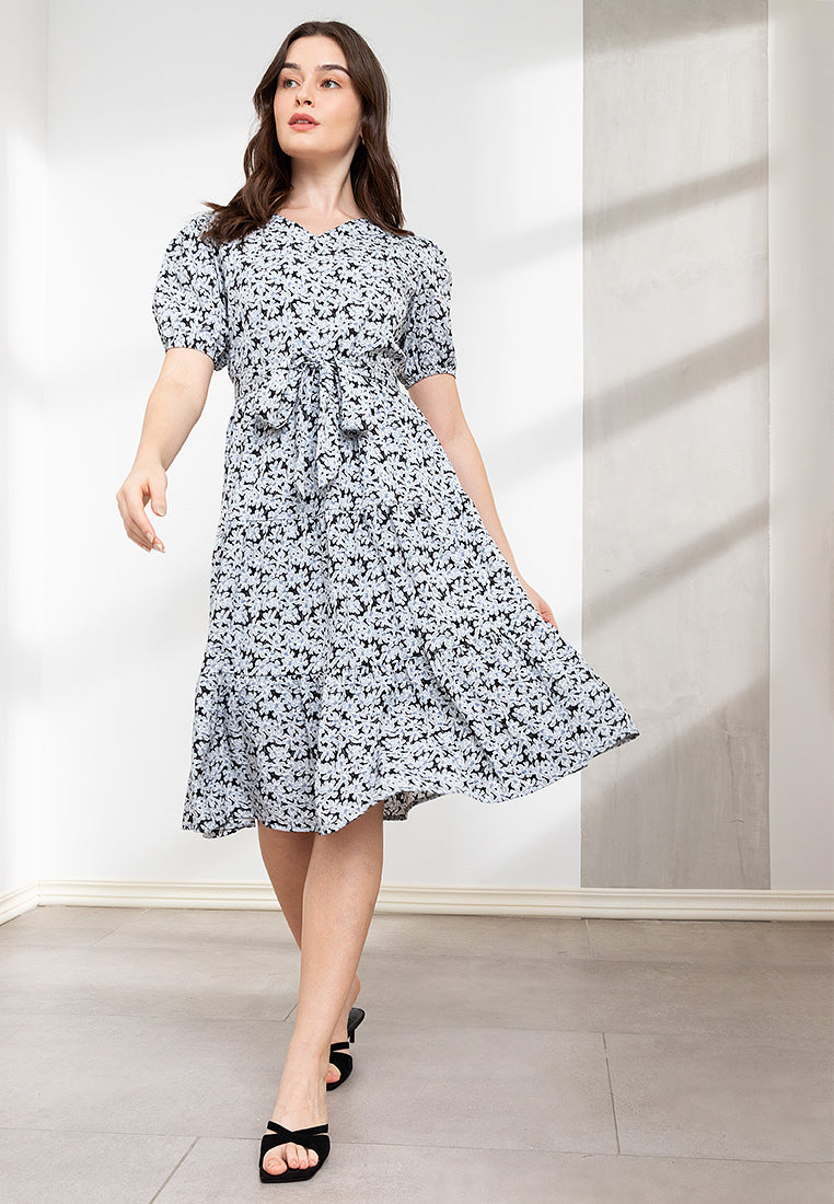 Krizia Puff Sleeves Tiered Smocked Midi Dress