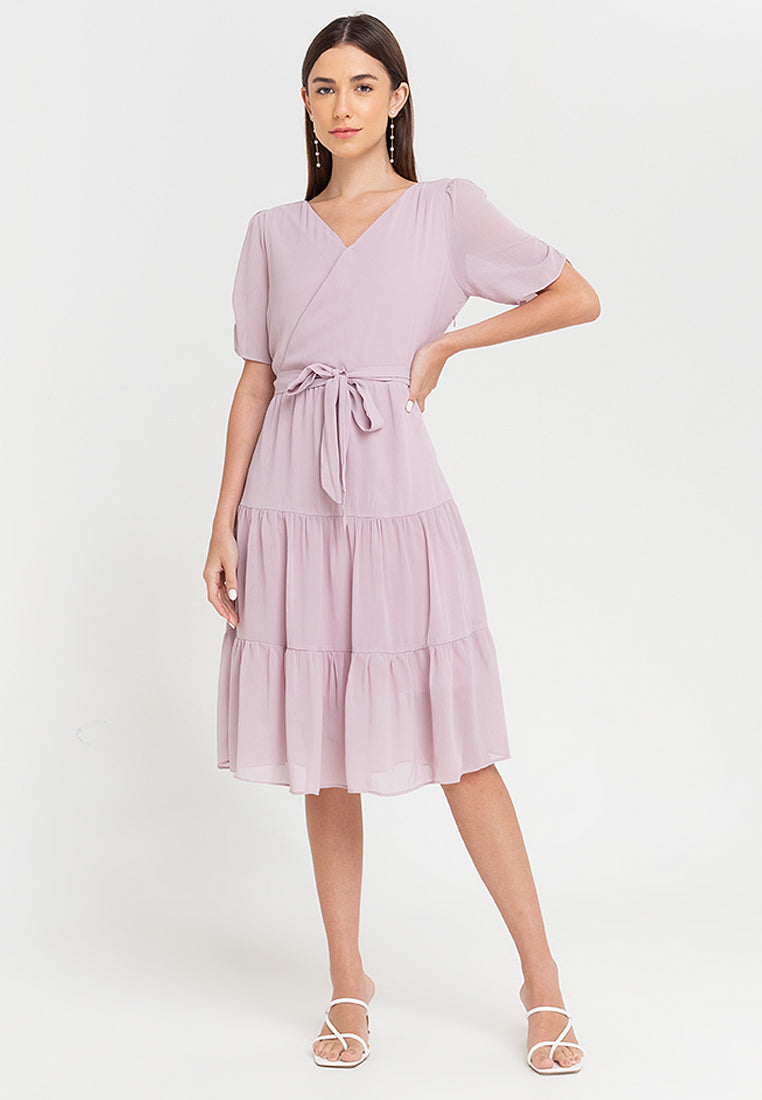 Krizia Puff Sleeves Wrap Flounce Hem Midi Dress