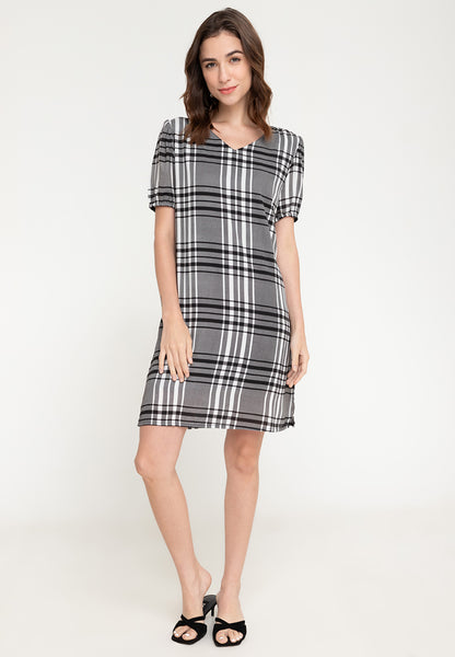 Krizia Puff Sleeve V-Neck Checkered Dress