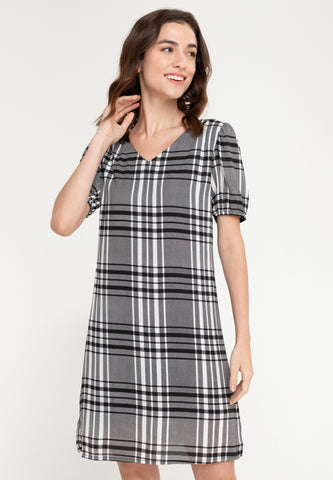 Krizia Puff Sleeve V-Neck Checkered Dress