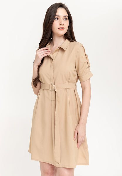 Krizia Button Down Belted Shirt Dress with Roll Tab Sleeve