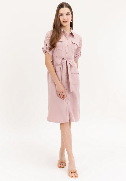 Krizia Cotton Blend Casual Collared Tie Waist Button Down Shirt Dress