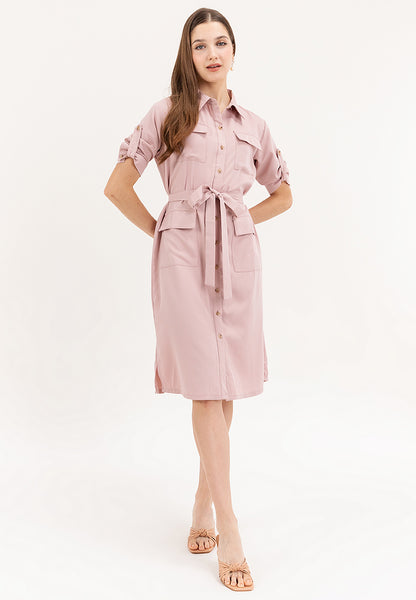 Krizia Cotton Blend Casual Collared Tie Waist Button Down Shirt Dress