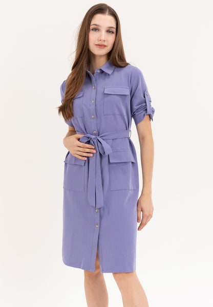 Krizia Cotton Blend Casual Collared Tie Waist Button Down Shirt Dress