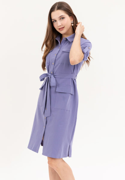 Krizia Cotton Blend Casual Collared Tie Waist Button Down Shirt Dress