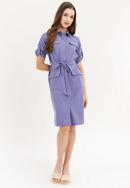 Krizia Cotton Blend Casual Collared Tie Waist Button Down Shirt Dress