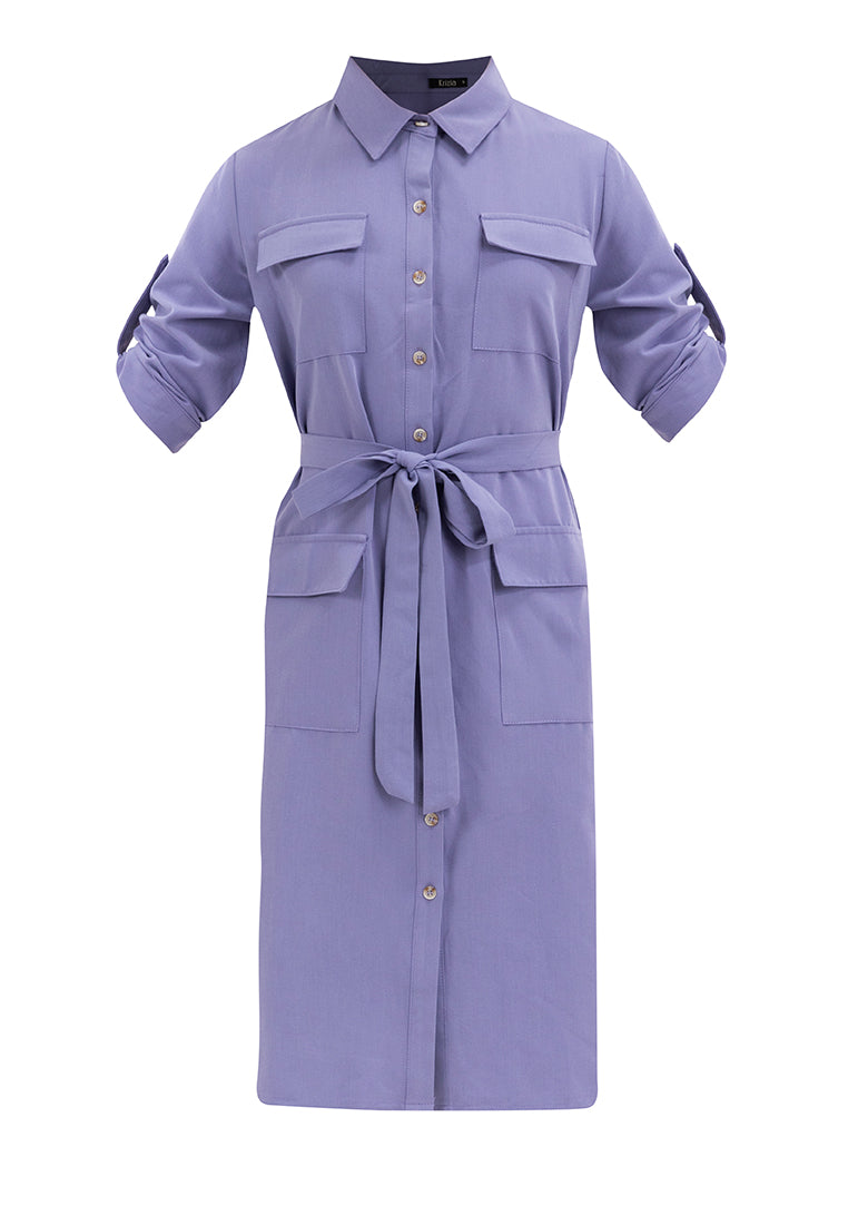 Krizia Cotton Blend Casual Collared Tie Waist Button Down Shirt Dress