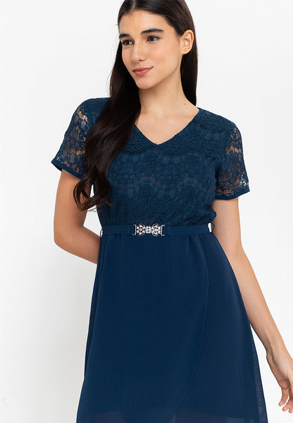 Krizia Lace Dress with Overlap Skirt & Crystal Belt