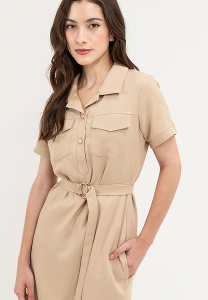 Krizia Pocket Detail Button Down Collared Linen Shift Dress with Belt