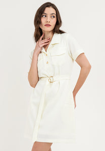 Krizia Pocket Detail Button Down Collared Linen Shift Dress with Belt