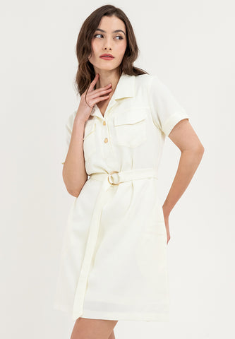 Krizia Pocket Detail Button Down Collared Linen Shift Dress with Belt