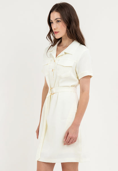 Krizia Pocket Detail Button Down Collared Linen Shift Dress with Belt