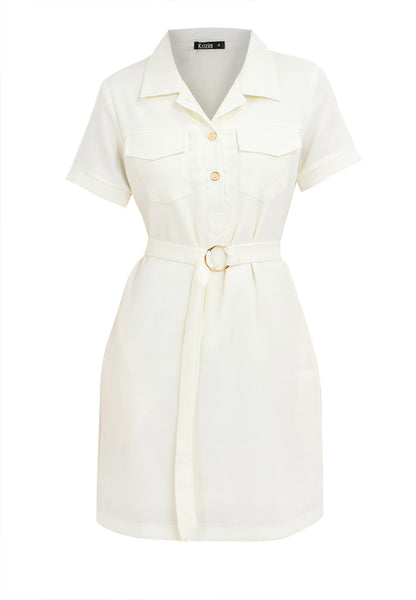 Krizia Pocket Detail Button Down Collared Linen Shift Dress with Belt