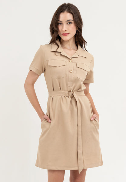 Krizia Pocket Detail Button Down Collared Linen Shift Dress with Belt