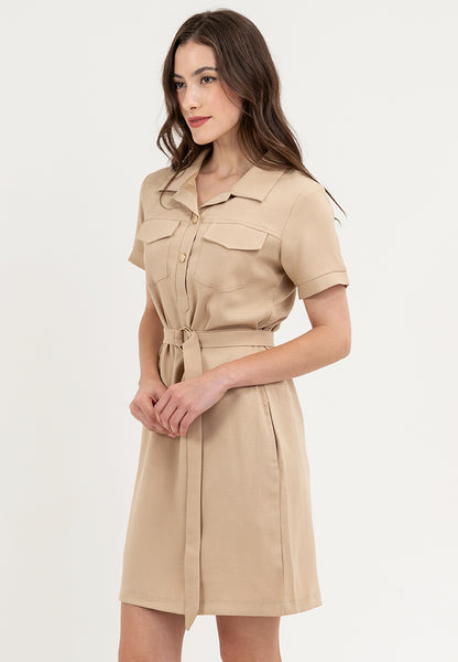 Krizia Pocket Detail Button Down Collared Linen Shift Dress with Belt