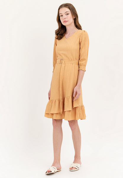 Krizia Cotton Crumpled V-Neck Belted Dress