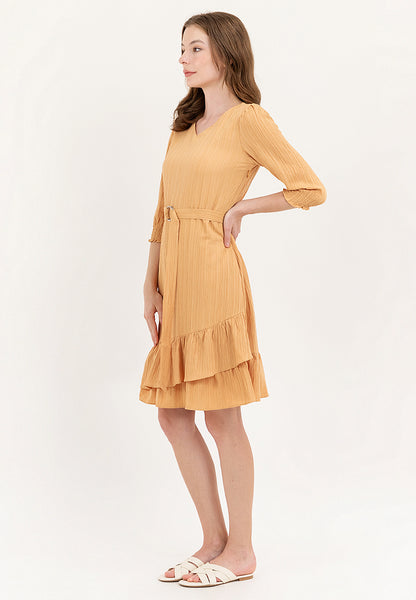 Krizia Cotton Crumpled V-Neck Belted Dress