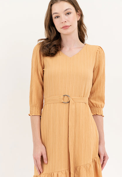 Krizia Cotton Crumpled V-Neck Belted Dress