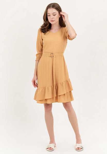 Krizia Cotton Crumpled V-Neck Belted Dress