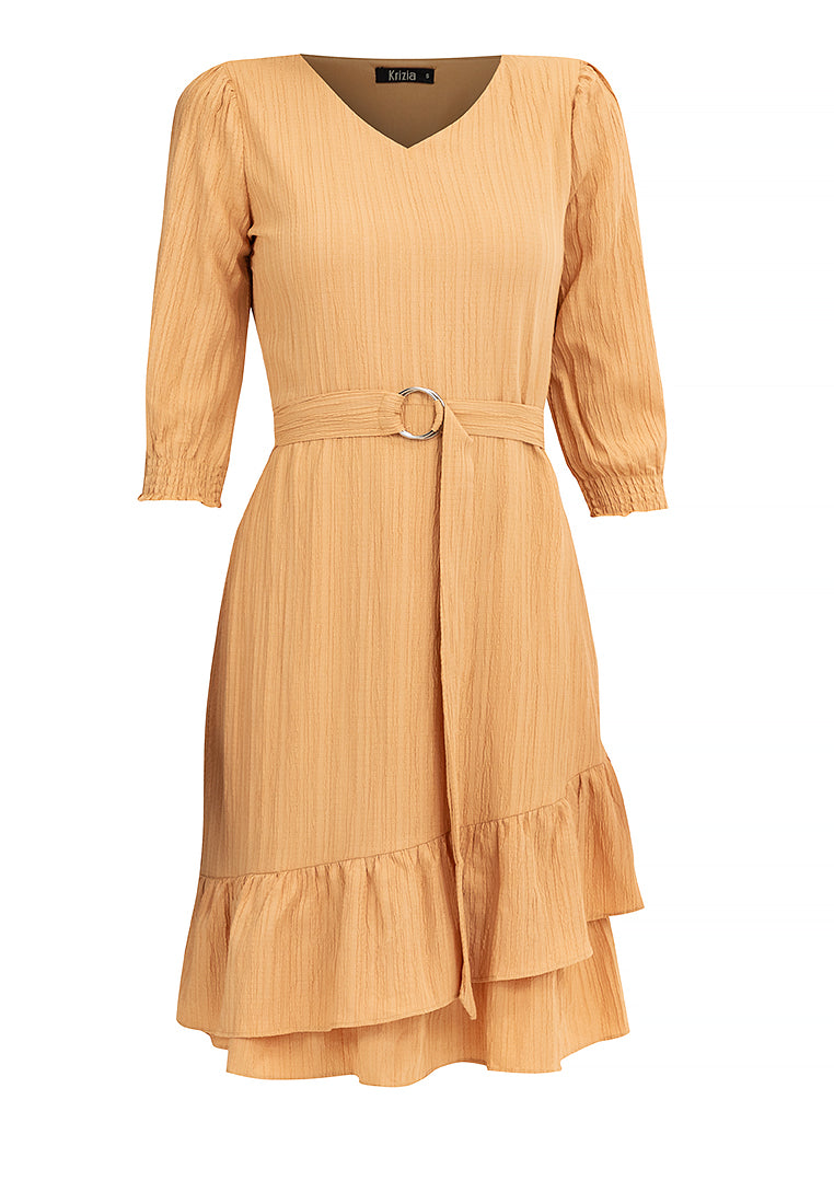 Krizia Cotton Crumpled V-Neck Belted Dress