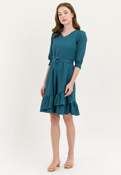 Krizia Cotton Crumpled V-Neck Belted Dress