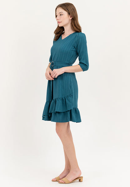 Krizia Cotton Crumpled V-Neck Belted Dress