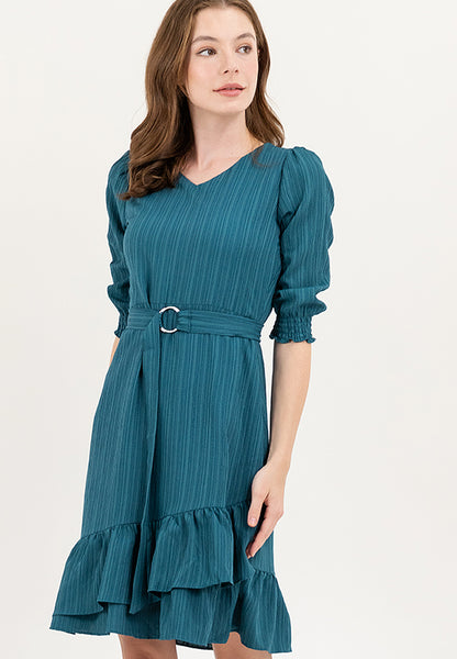 Krizia Cotton Crumpled V-Neck Belted Dress