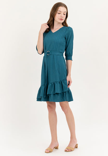 Krizia Cotton Crumpled V-Neck Belted Dress