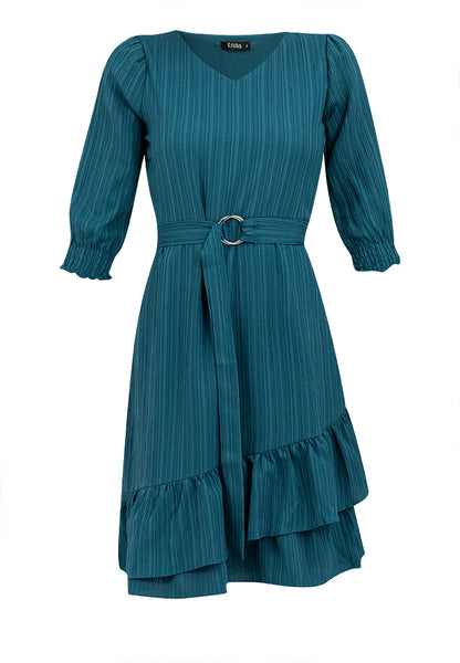 Krizia Cotton Crumpled V-Neck Belted Dress