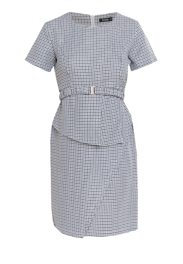 Krizia Houndstooth Peplum Dress with Belt