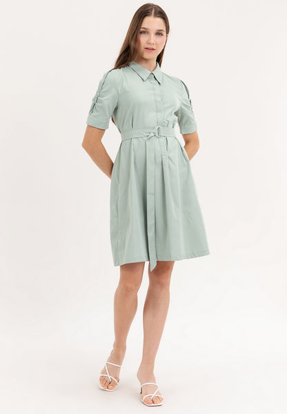 Krizia Button Down Belted Shirt Dress with Roll Tab Sleeve