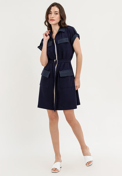 Krizia Front Zipper Collared Shirt Dress with Belt