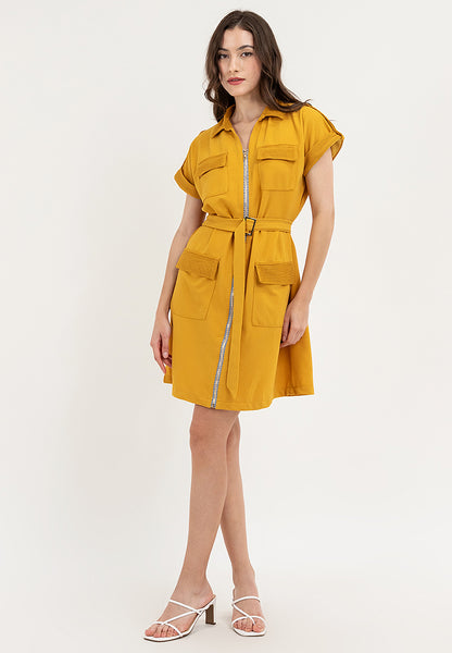 Krizia Front Zipper Collared Shirt Dress with Belt