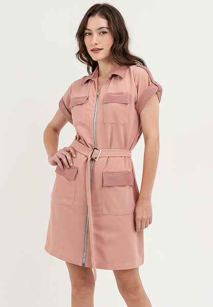 Krizia Front Zipper Collared Shirt Dress with Belt