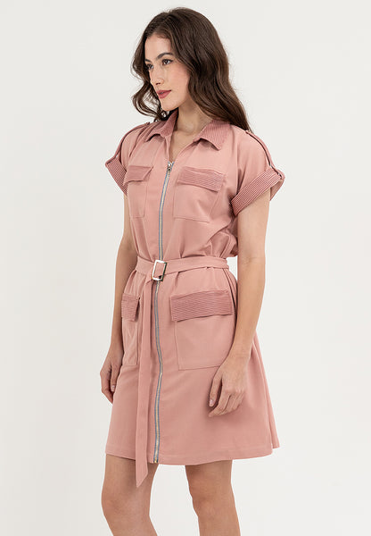 Krizia Front Zipper Collared Shirt Dress with Belt