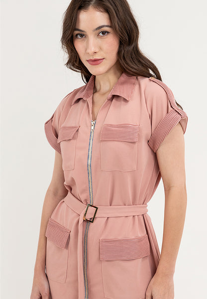 Krizia Front Zipper Collared Shirt Dress with Belt