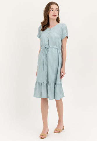 Krizia V-Neck Button Down Drawstring Flounce Hem Dress