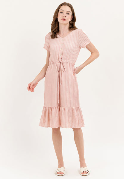 Krizia V-Neck Button Down Drawstring Flounce Hem Dress