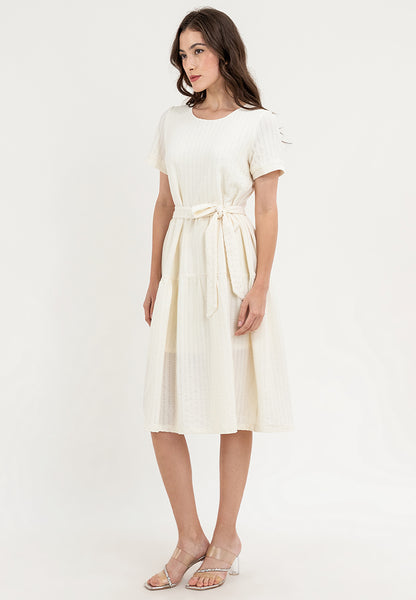 Krizia Back Zipper Waffle Tiered Tie Waist Dress