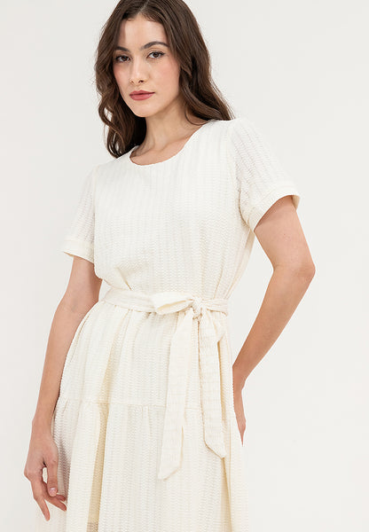 Krizia Back Zipper Waffle Tiered Tie Waist Dress