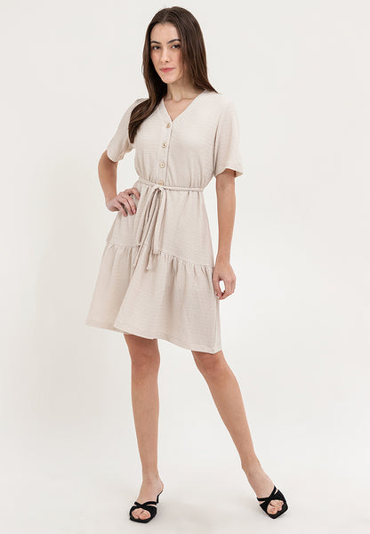 Krizia Button Down V-Neck Tied Waist Tiered Dress