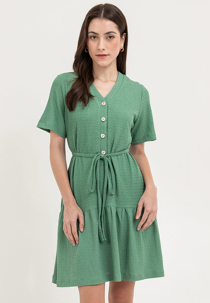 Krizia Button Down V-Neck Tied Waist Tiered Dress